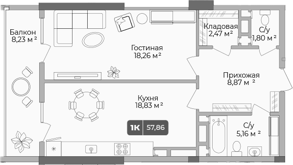 Продается 1-комн. квартира, 55.39 м²