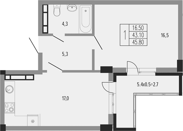 Продается 1-комн. квартира, 44.6 м²