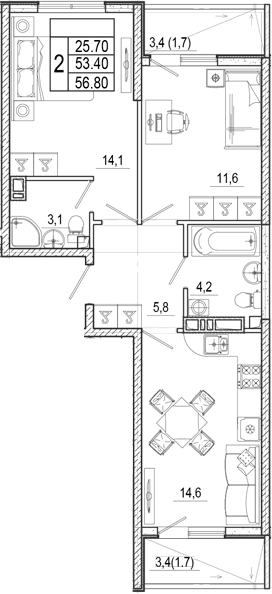 Продается 2-комн. квартира, 53.4 м²