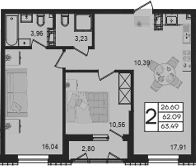 Продается 2-комн. квартира, 62.09 м²