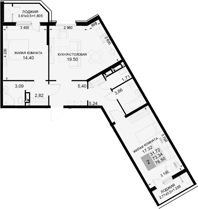 Продается 2-комн. квартира, 73.35 м²