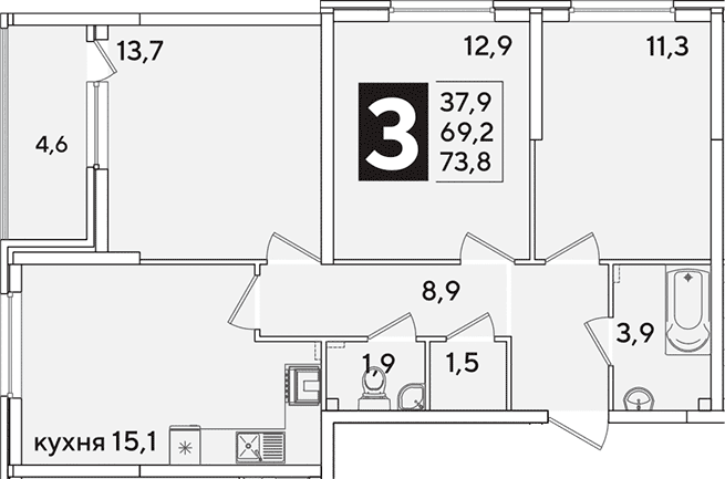 Продается 4-комн. квартира, 69.2 м²