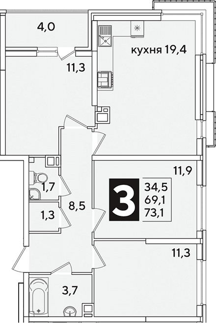 Продается 4-комн. квартира, 69.1 м²