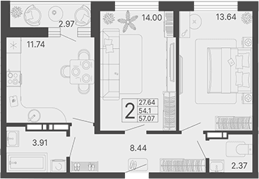 Продается 2-комн. квартира, 54.1 м²