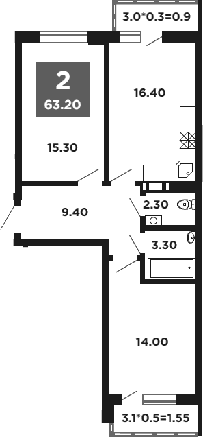 Продается 2-комн. квартира, 60.75 м²
