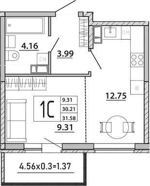 Продается 1-комн. квартира, 30.21 м²