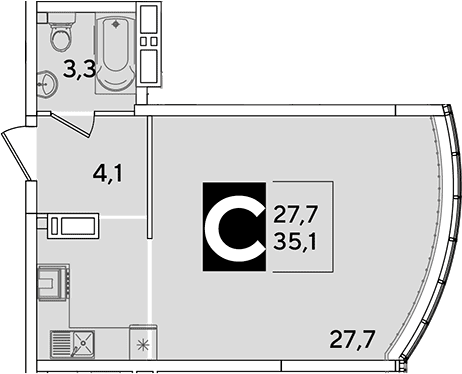 Продается 1-комн. квартира, 35.1 м²