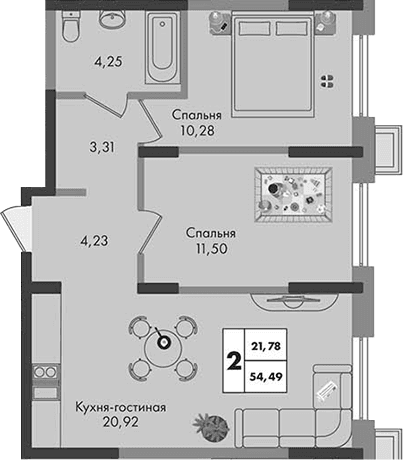 Продается 2-комн. квартира, 54.49 м²