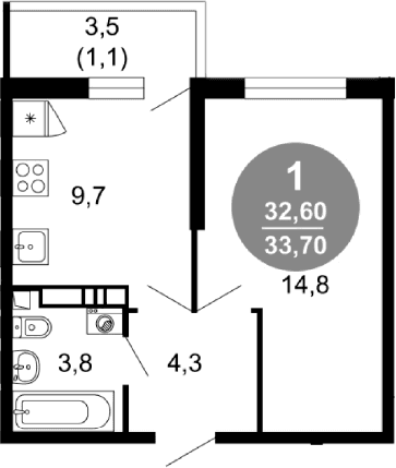 Продается 1-комн. квартира, 32.6 м²