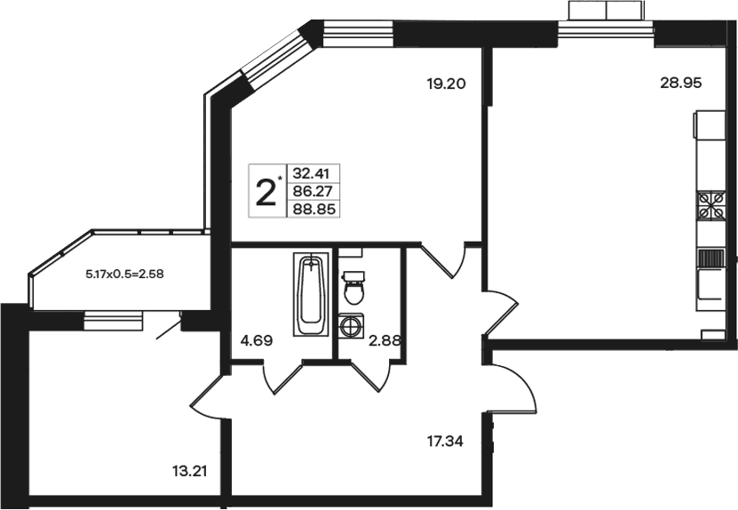 Продается 2-комн. квартира, 86.27 м²