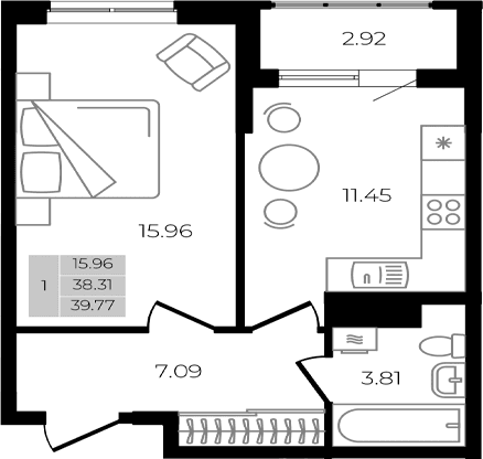 Продается 1-комн. квартира, 38.31 м²
