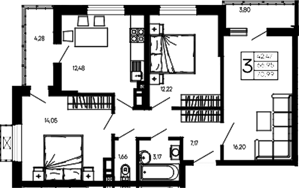 Продается 3-комн. квартира, 66.95 м²