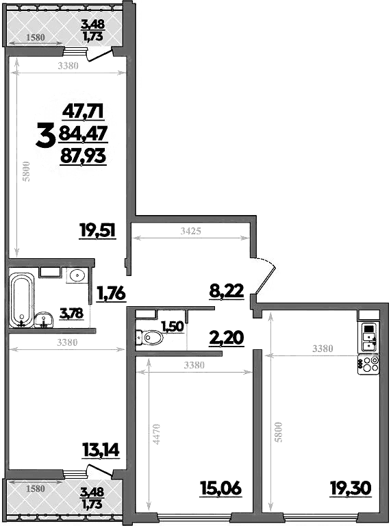 Продается 3-комн. квартира, 84.45 м²