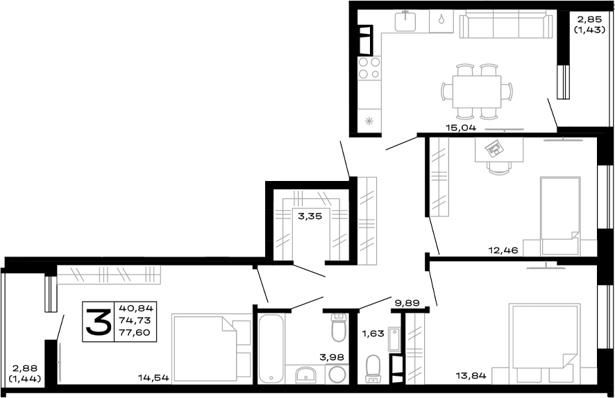 Продается 3-комн. квартира, 74.73 м²