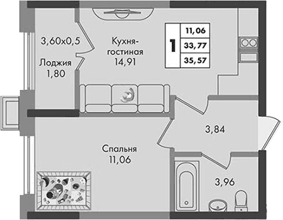Продается 1-комн. квартира, 33.77 м²