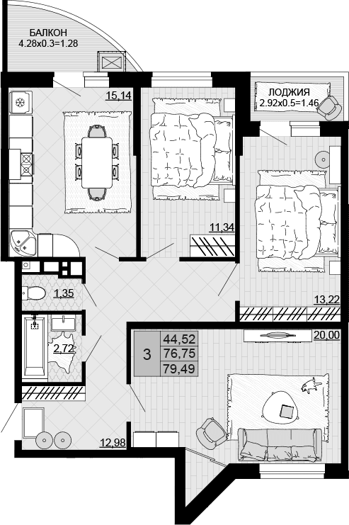 Продается 3-комн. квартира, 76.75 м²