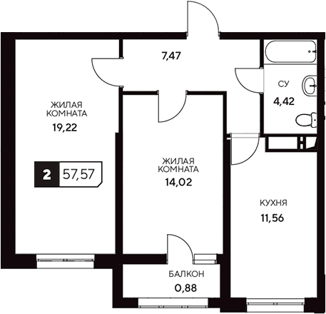 Продается 2-комн. квартира, 56.69 м²