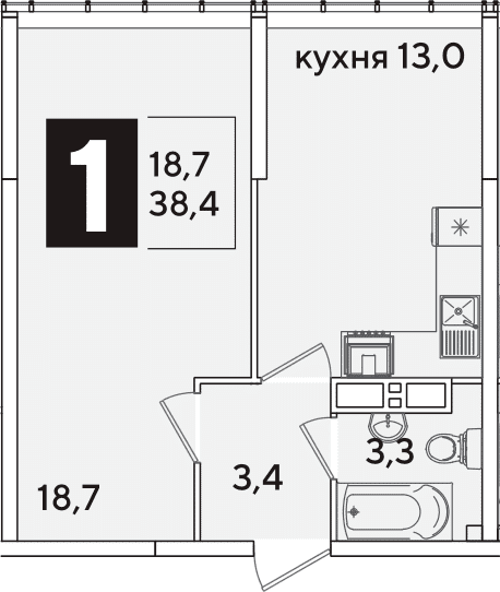 Продается 1-комн. квартира, 38.4 м²