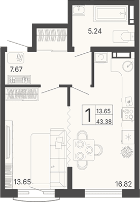 Продается 1-комн. квартира, 43.38 м²
