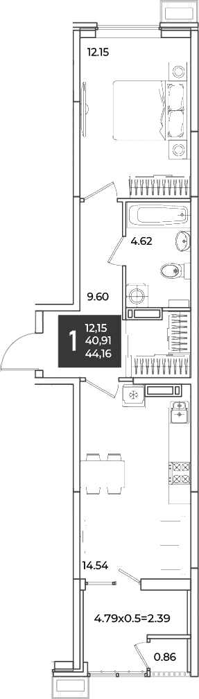 Продается 1-комн. квартира, 40.91 м²