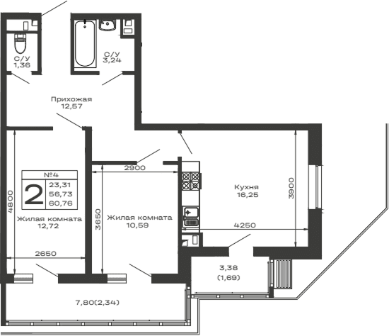 Продается 2-комн. квартира, 56.73 м²