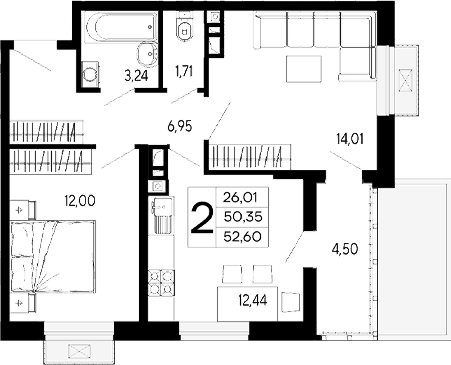 Продается 2-комн. квартира, 50.35 м²
