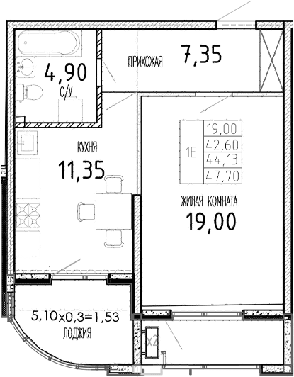 Продается 1-комн. квартира, 42.6 м²