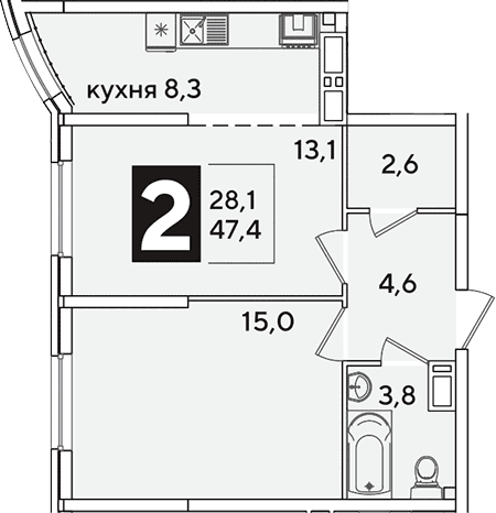 Продается 2-комн. квартира, 47.4 м²