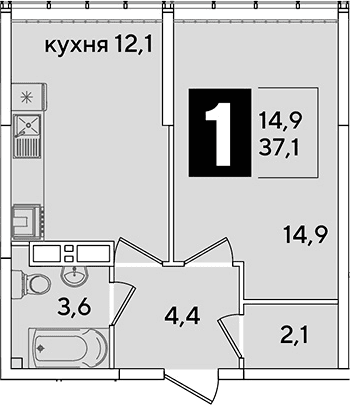 Продается 1-комн. квартира, 37.1 м²