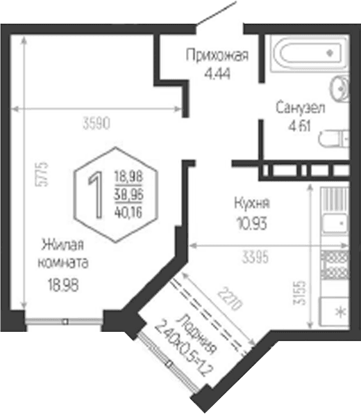 Продается 1-комн. квартира, 38.96 м²