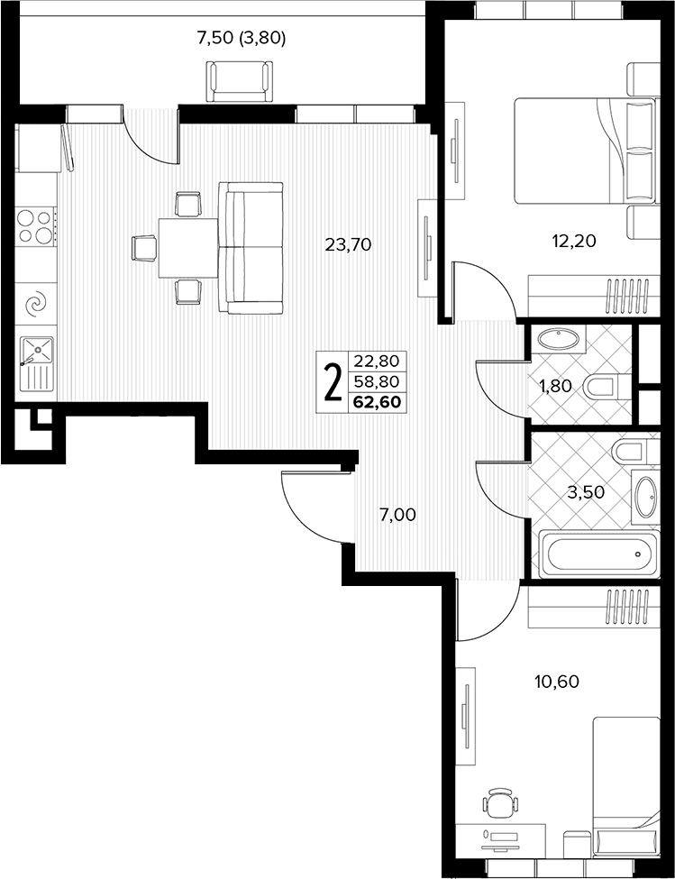 Продается 2-комн. квартира, 58.8 м²