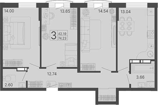 Продается 3-комн. квартира, 74.23 м²
