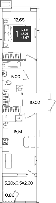 Продается 1-комн. квартира, 43.21 м²