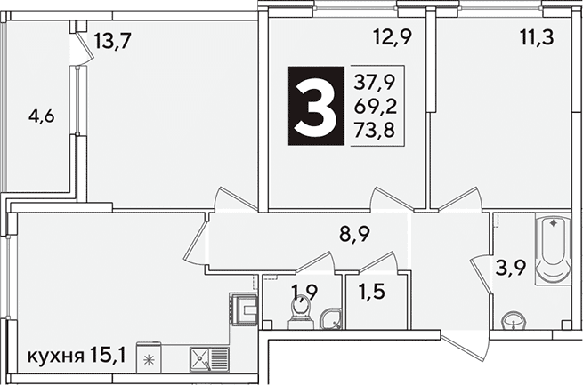 Продается 4-комн. квартира, 69.2 м²