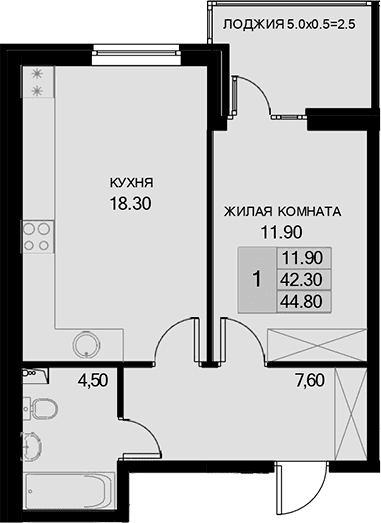 Продается 1-комн. квартира, 42.3 м²
