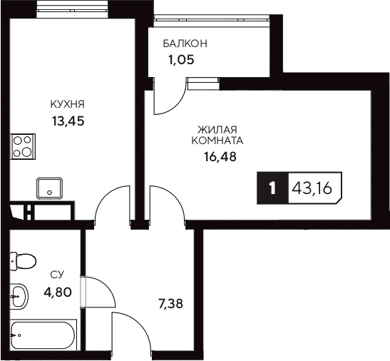Продается 1-комн. квартира, 42.11 м²