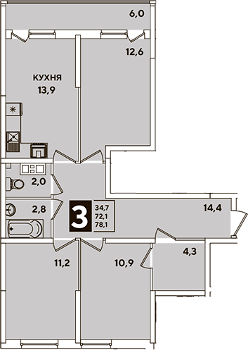 Продается 3-комн. квартира, 72.1 м²
