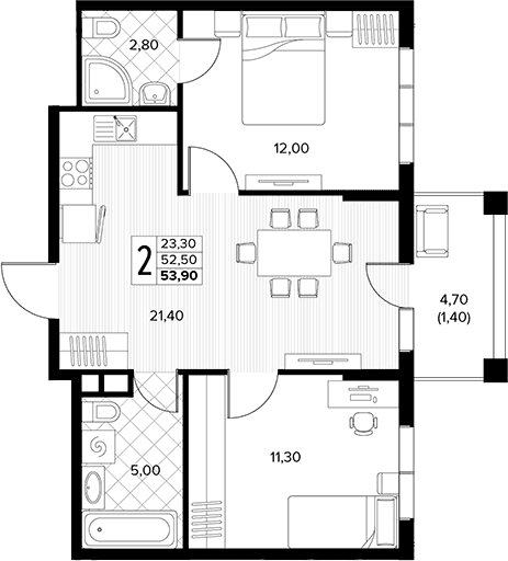 Продается 2-комн. квартира, 52.5 м²