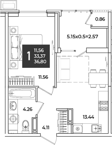 Продается 1-комн. квартира, 33.37 м²