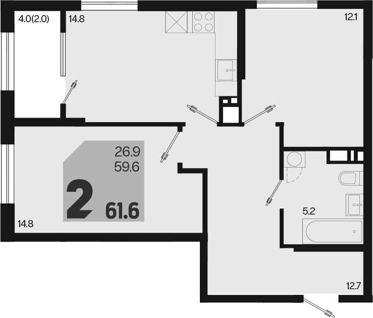 Продается 2-комн. квартира, 59.6 м²