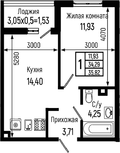 Продается 1-комн. квартира, 34.29 м²
