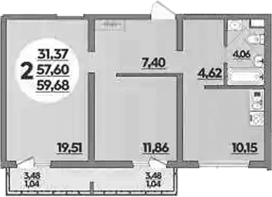Продается 2-комн. квартира, 57.6 м²