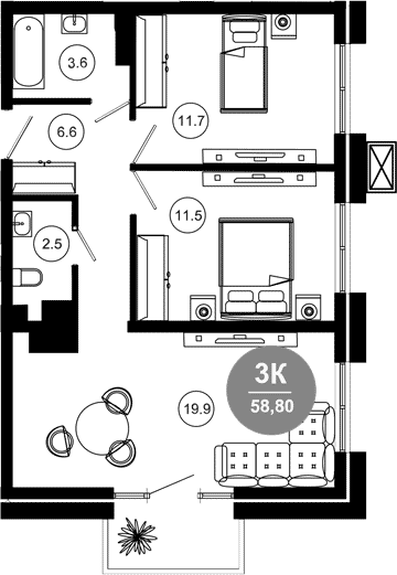 Продается 3-комн. квартира, 57.5 м²