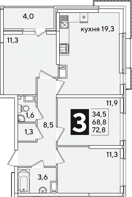 Продается 4-комн. квартира, 68.8 м²