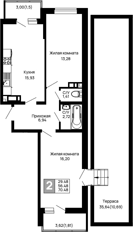 Продается 2-комн. квартира, 56.48 м²