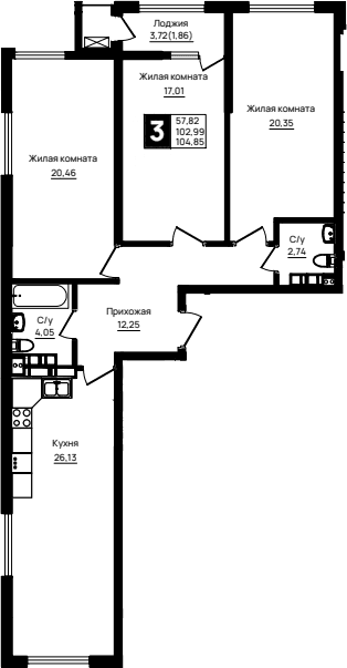 Продается 3-комн. квартира, 102.99 м²