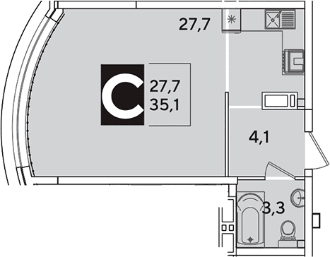 Продается 1-комн. квартира, 35.1 м²