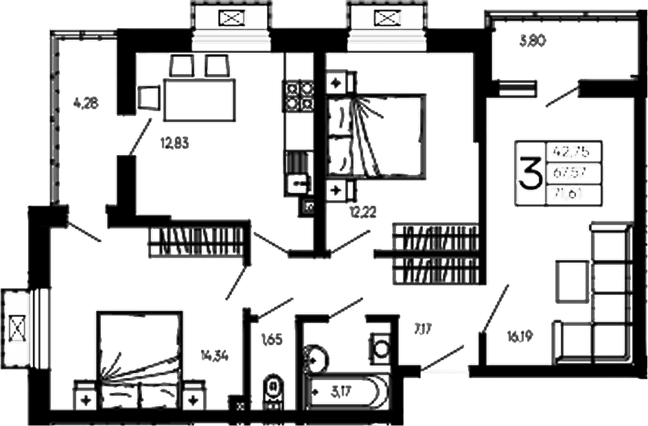 Продается 3-комн. квартира, 67.57 м²