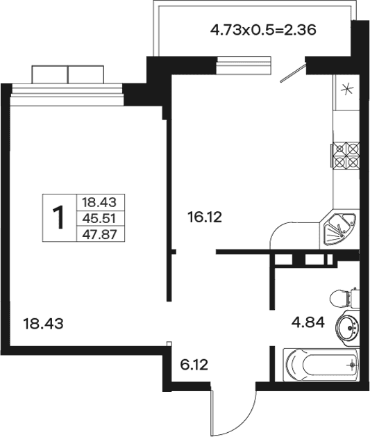 Продается 1-комн. квартира, 45.51 м²