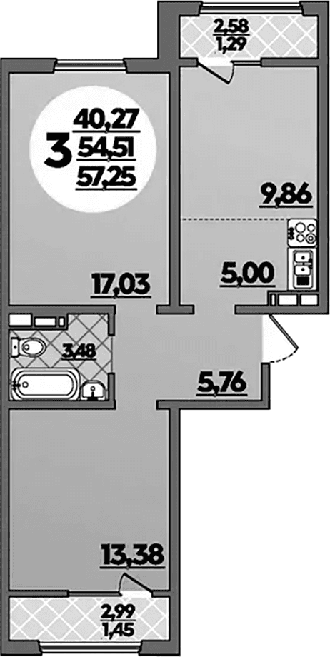 Продается 2-комн. квартира, 54.51 м²
